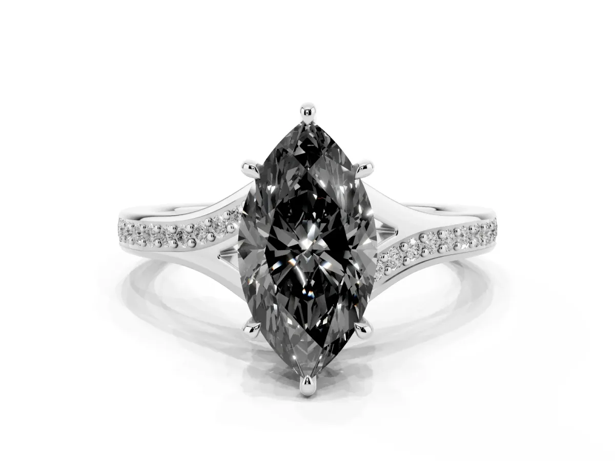 Fancy Black Marquise Cut Diamond Solitaire Ring with Pavé Band and Prong Setting Silver