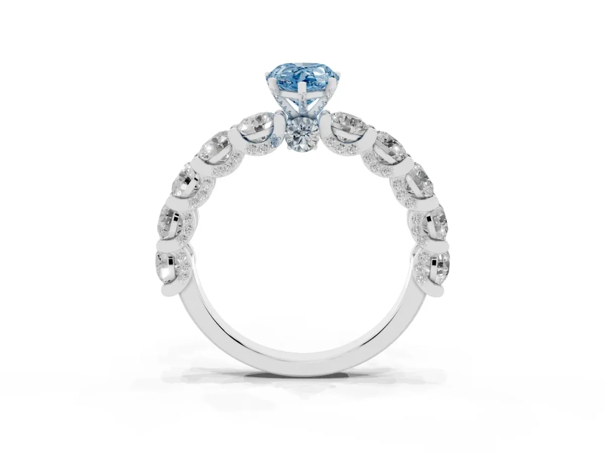 Fancy Blue Pear Cut Diamond Side Stone Engagement Ring with Four-Prong Setting White gold