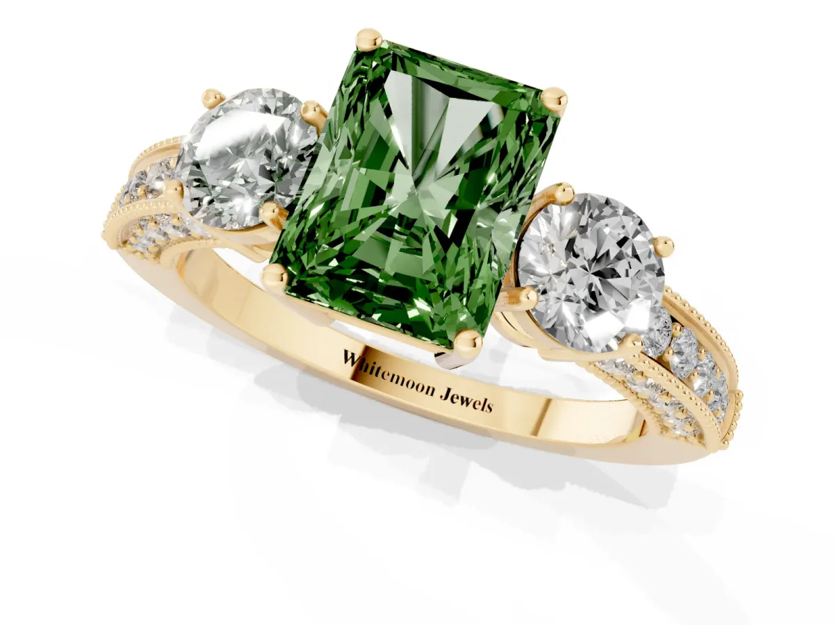 Fancy Green Radiant Cut Three-Stone Diamond Ring with Pavé Band and Four-Prong Setting Yellow gold