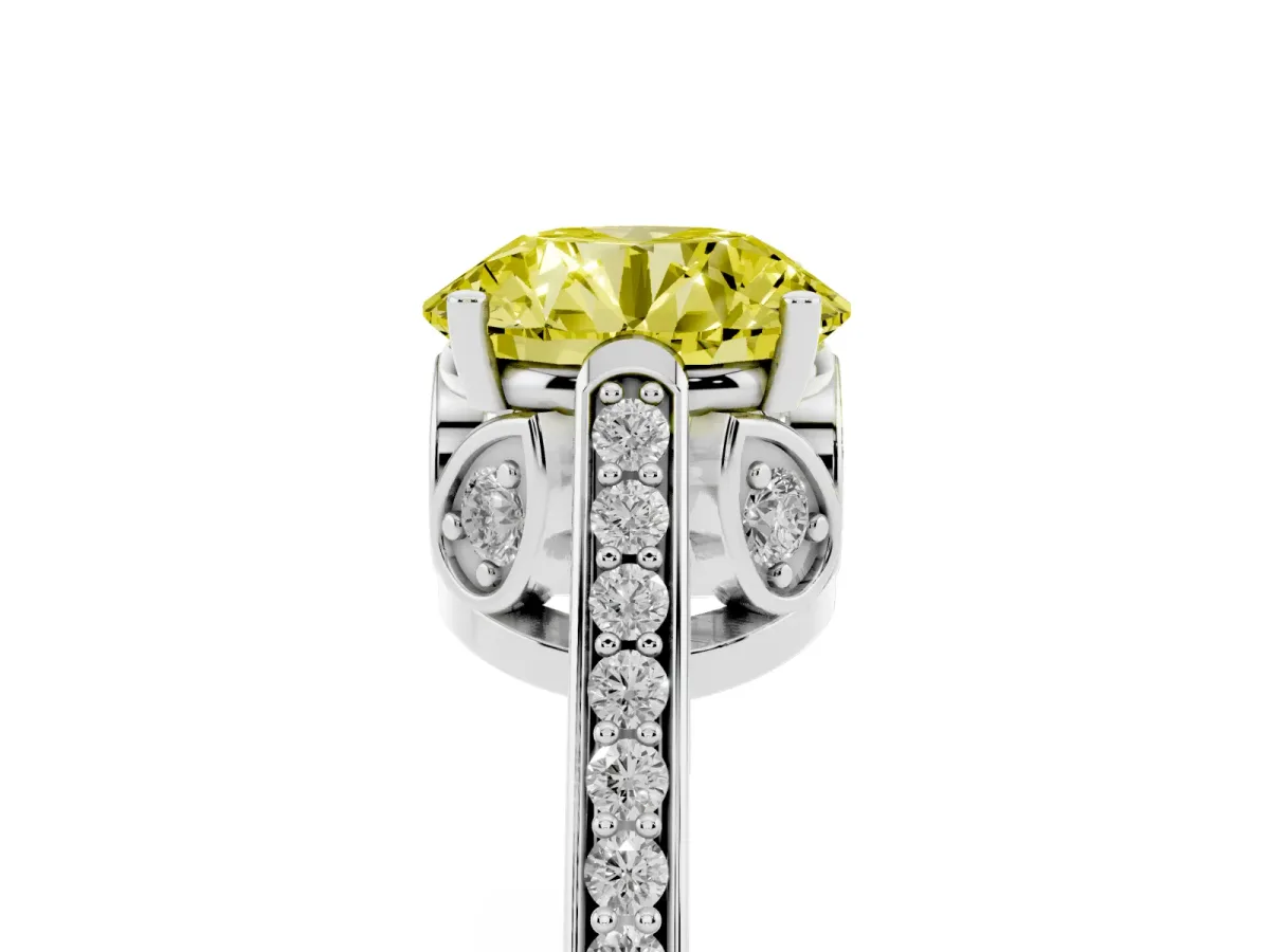 Fancy Yellow Round Cut Cut Cathedral Pave Diamond Engagement Ring with Six-Prong Setting Silver