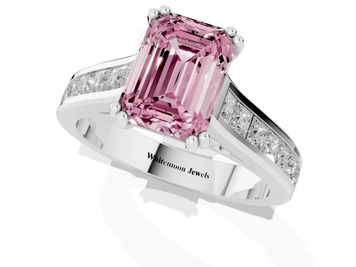 Fancy Pink Emerald Cut Cut Channel Set Solitaire Engagement Ring with Prong Setting Silver