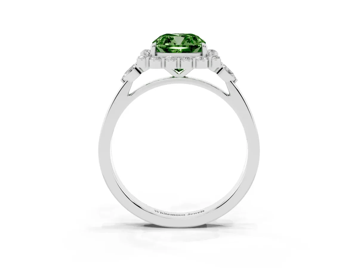 Fancy Green Cushion Cut Diamond Halo Ring with Pear Side Stones and Prong Setting Silver