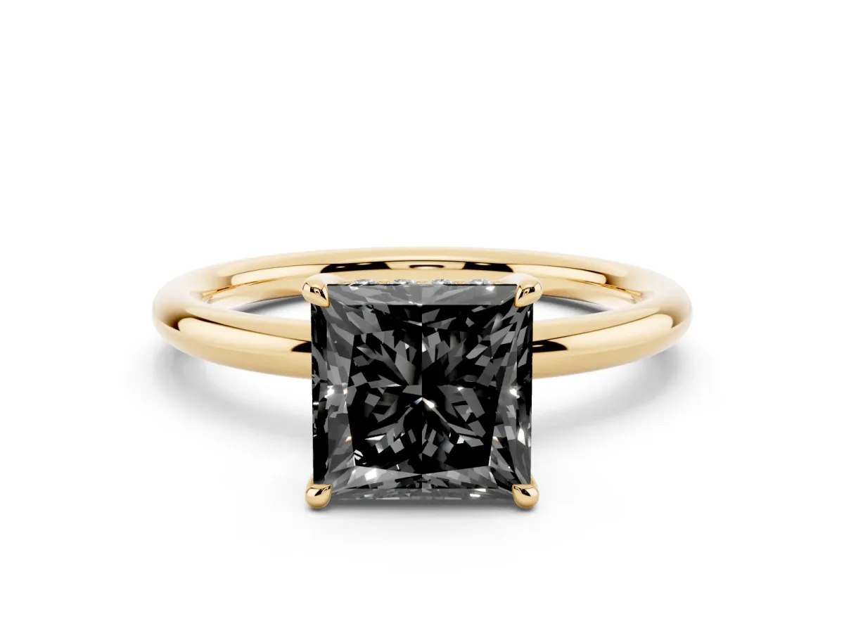 Fancy Black Princess Cut Diamond Solitaire Ring with Thin Band and Four-Prong Setting Yellow gold