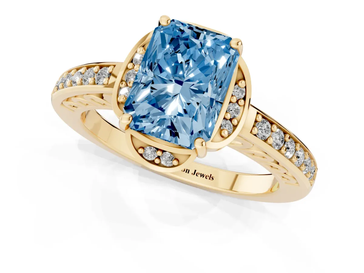 Fancy Blue Radiant Cut Cut Halo Diamond Ring with Channel Set Band and Four-Prong Setting Yellow gold