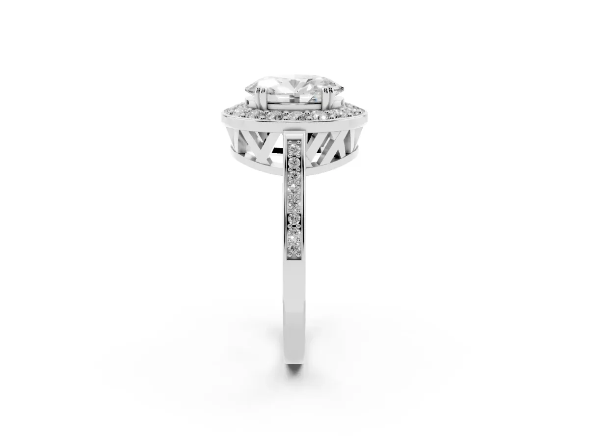 Oval Cut Diamond Halo Ring with Split Shank and Four-Prong Setting Silver