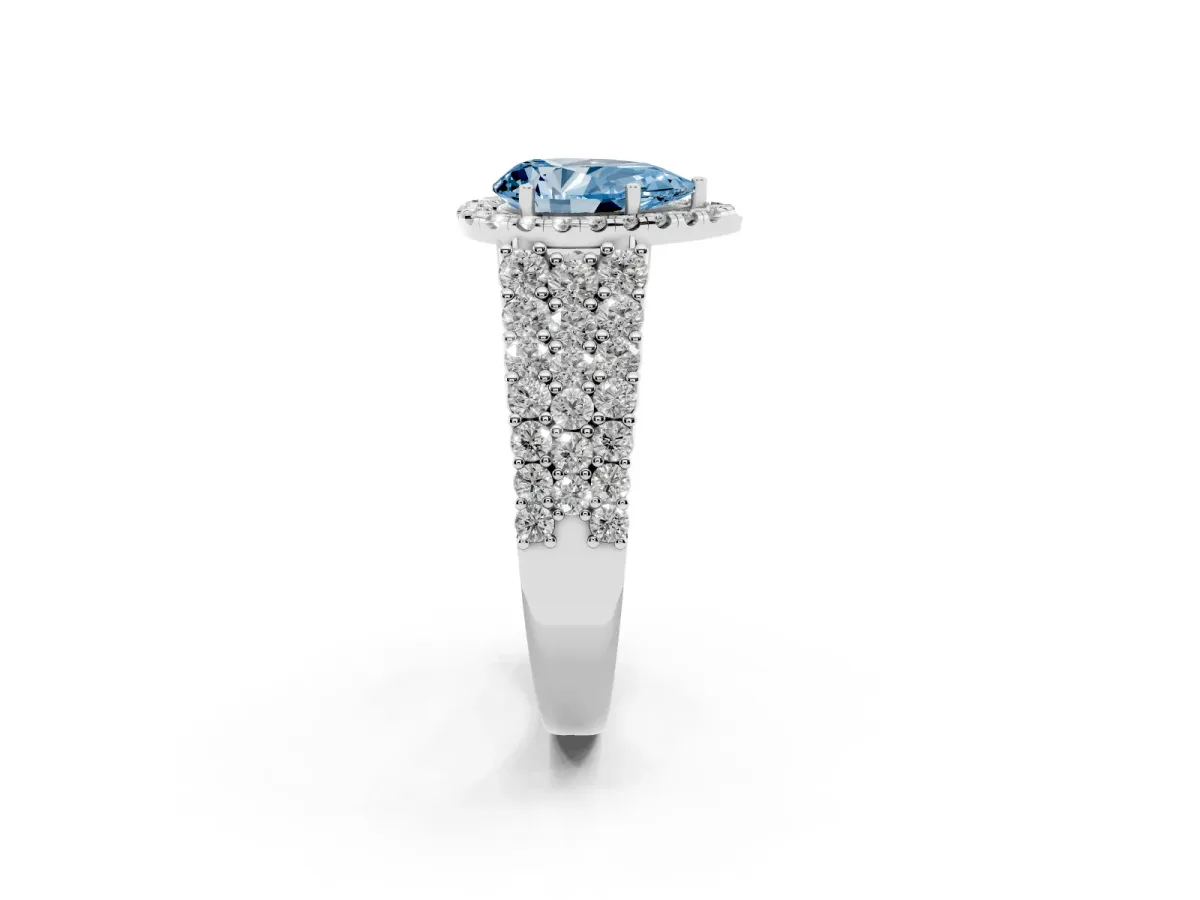 Fancy Blue Pear Cut Diamond Halo Engagement Ring with Triple Row Round Pavé Band and Prong Setting White gold