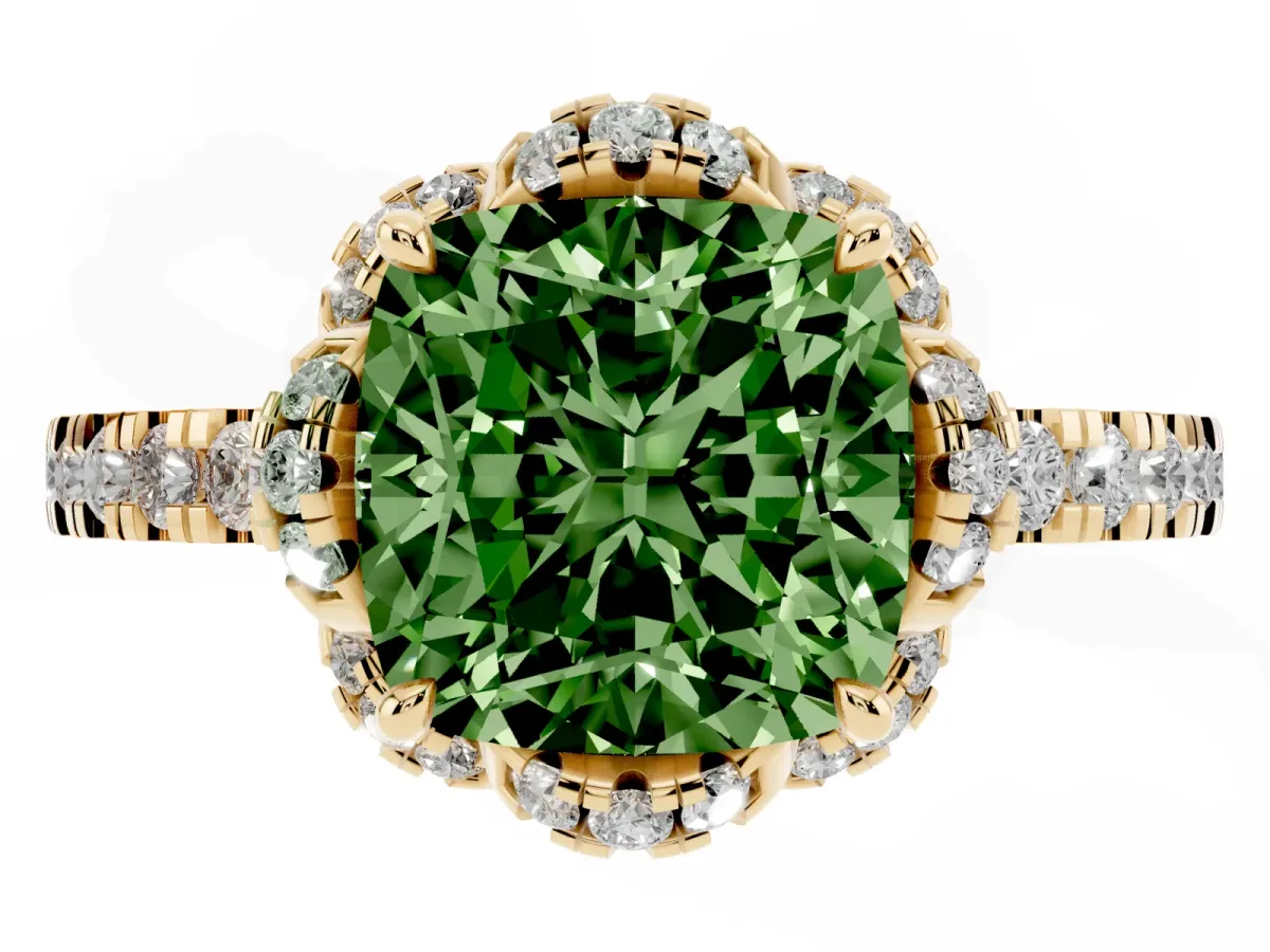 Fancy Green Cushion Cut Diamond Halo Pave Band with Four-Prong Setting Yellow gold