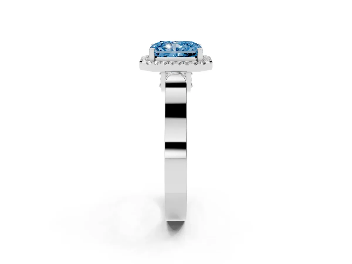 Fancy Blue Radiant Cut Halo Pave Split Shank Prong Setting Ring Silver