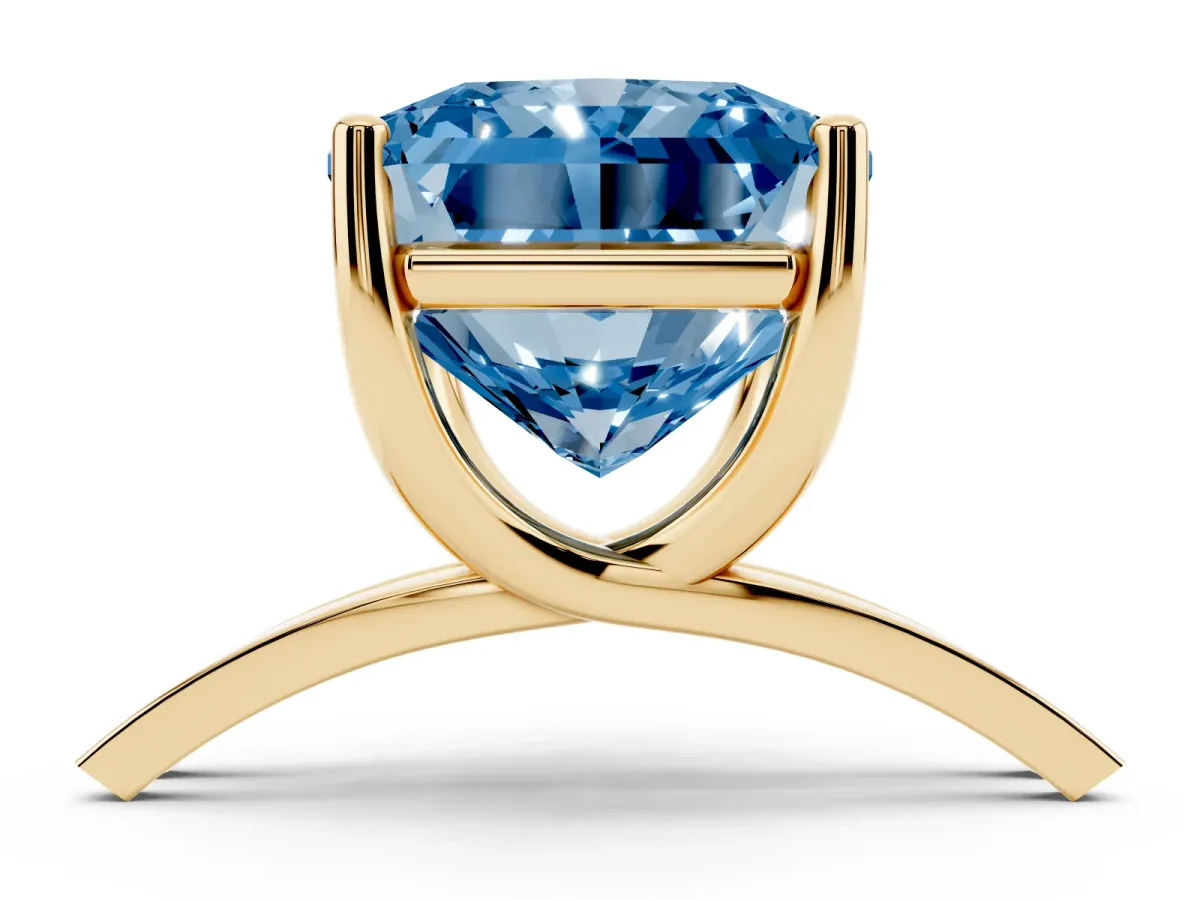 Fancy Blue Radiant Cut Cut Diamond Solitaire Engagement Ring with Tapered Plain Band and Four-Prong Setting Yellow gold
