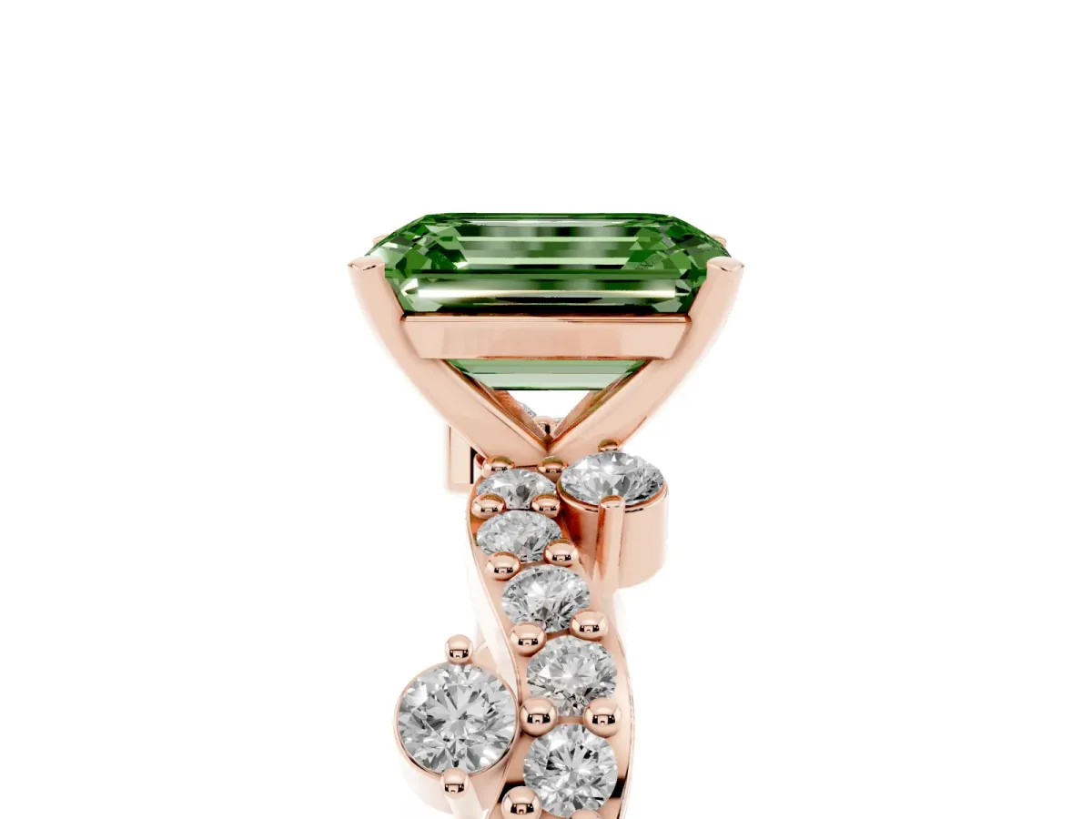 Fancy Green Emerald Cut Cut Solitaire Diamond Twisted Band with Pave Setting Rose gold