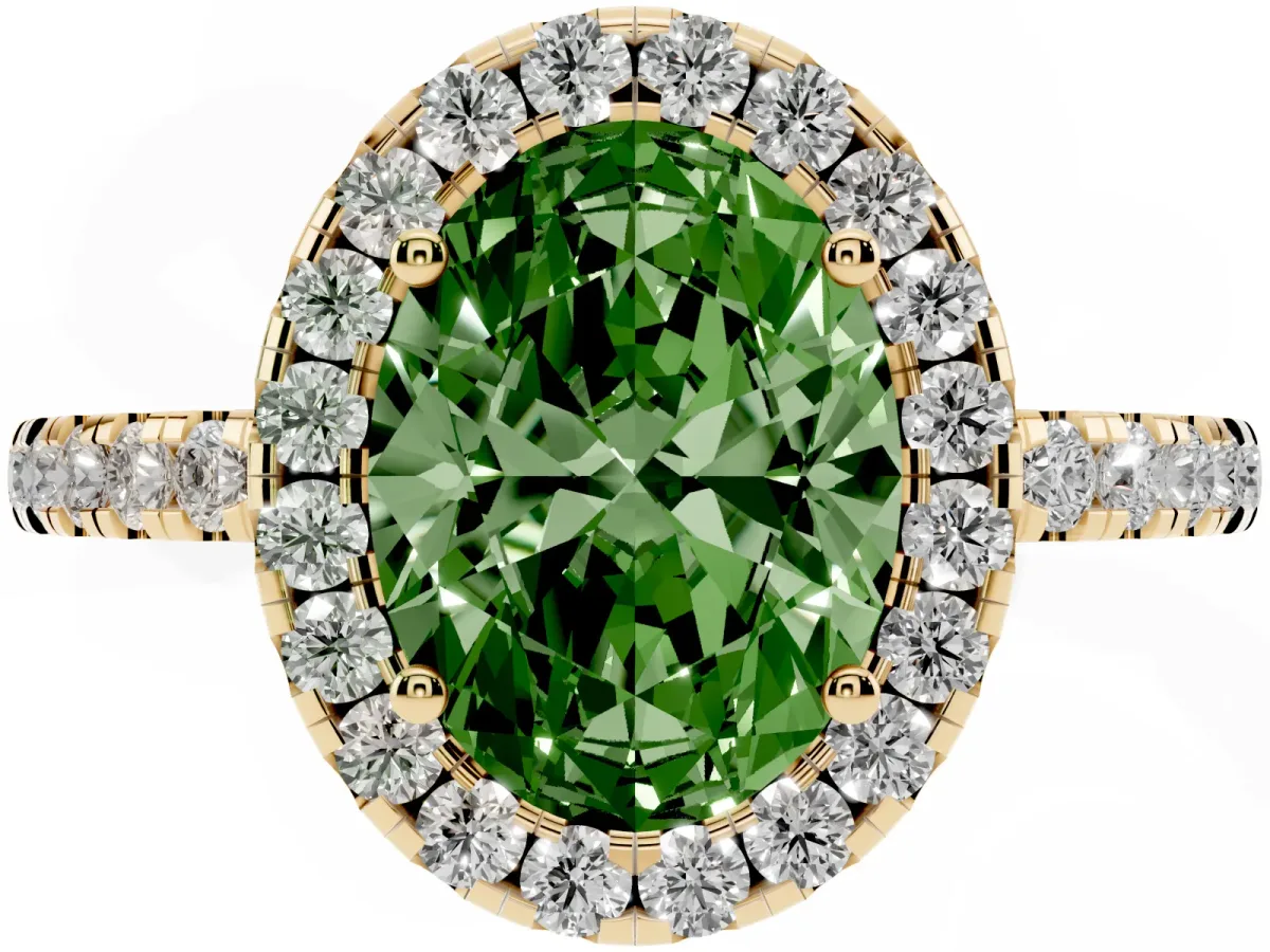 Fancy Green Oval Cut Halo Diamond Engagement Ring with Pavé Band and Four-Prong Setting Yellow gold