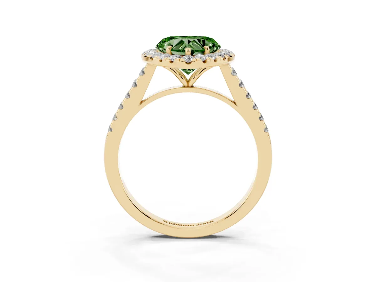 Fancy Green Heart Cut Halo Pave Diamond Engagement Ring with Four-Prong Setting Yellow gold