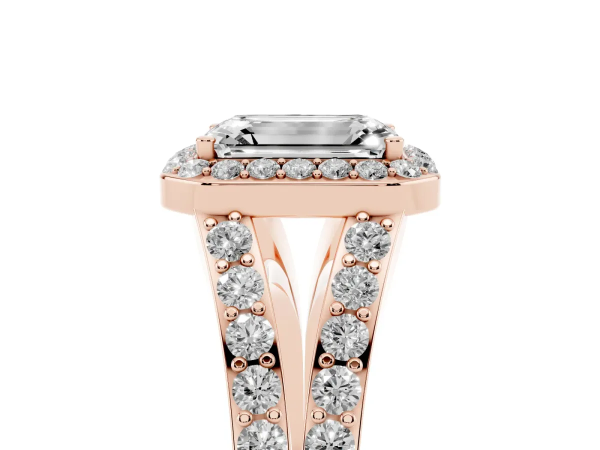 Emerald Cut Diamond Split Shank Halo Ring with Four-Prong Setting Rose gold