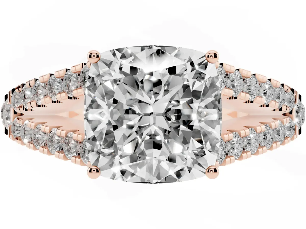 Cushion Cut Diamond Split Shank Engagement Ring with Round Pavé and Prong Setting Rose gold