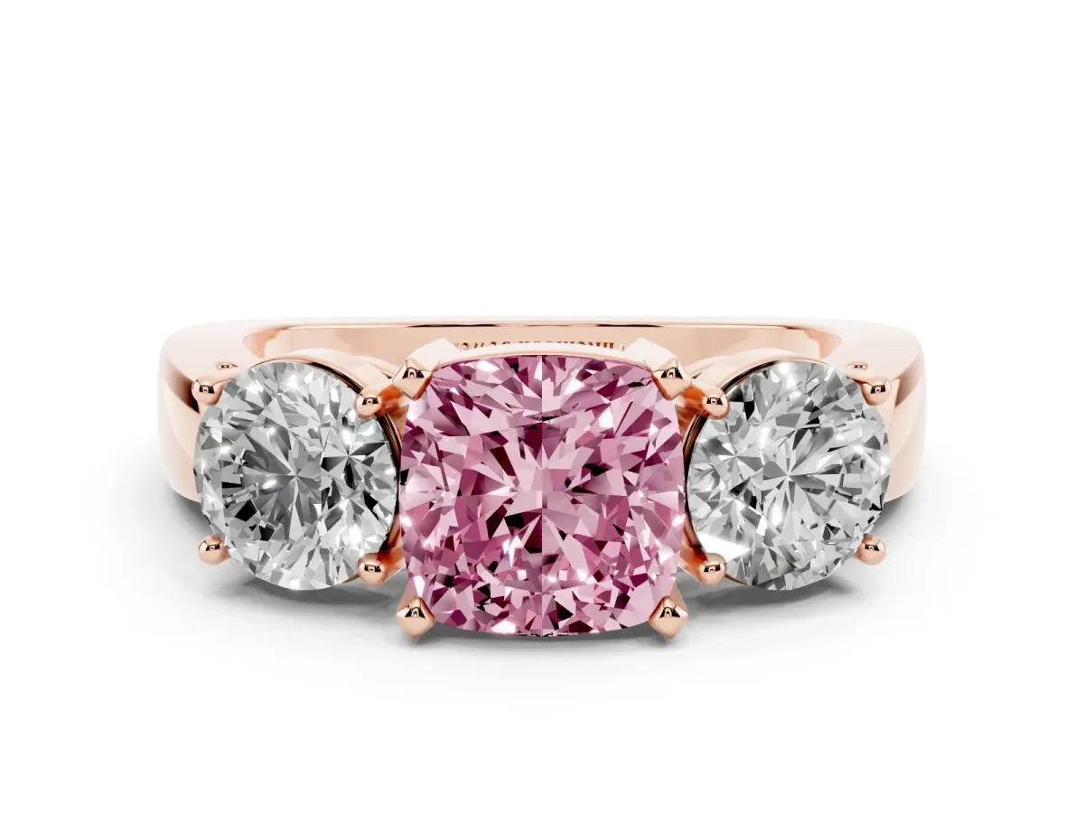 Fancy Pink Three-Stone Cushion Cut Diamond Ring with Round Side Stones, Classic Band, and Four-Prong Setting Rose gold