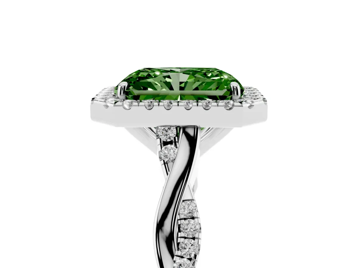 Fancy Green Radiant Cut Halo Twist Band Solitaire Ring Silver