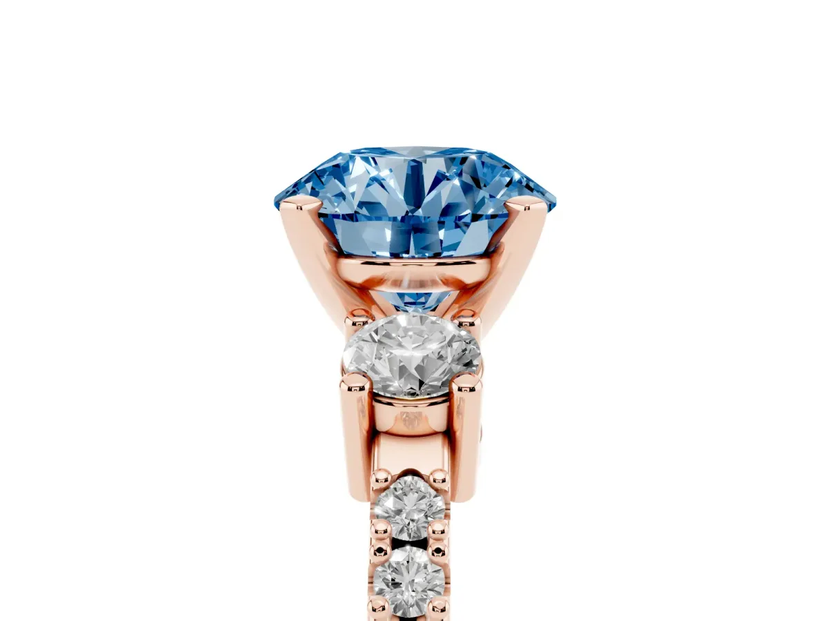 Fancy Blue Round Cut Three-Stone Diamond Pavé Band with Prong Setting Rose gold