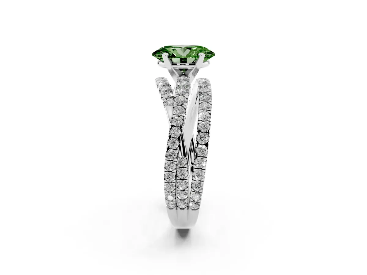 Fancy Green Oval Cut Solitaire Twist Band with Pavé Setting and Four-Prong Setting Silver