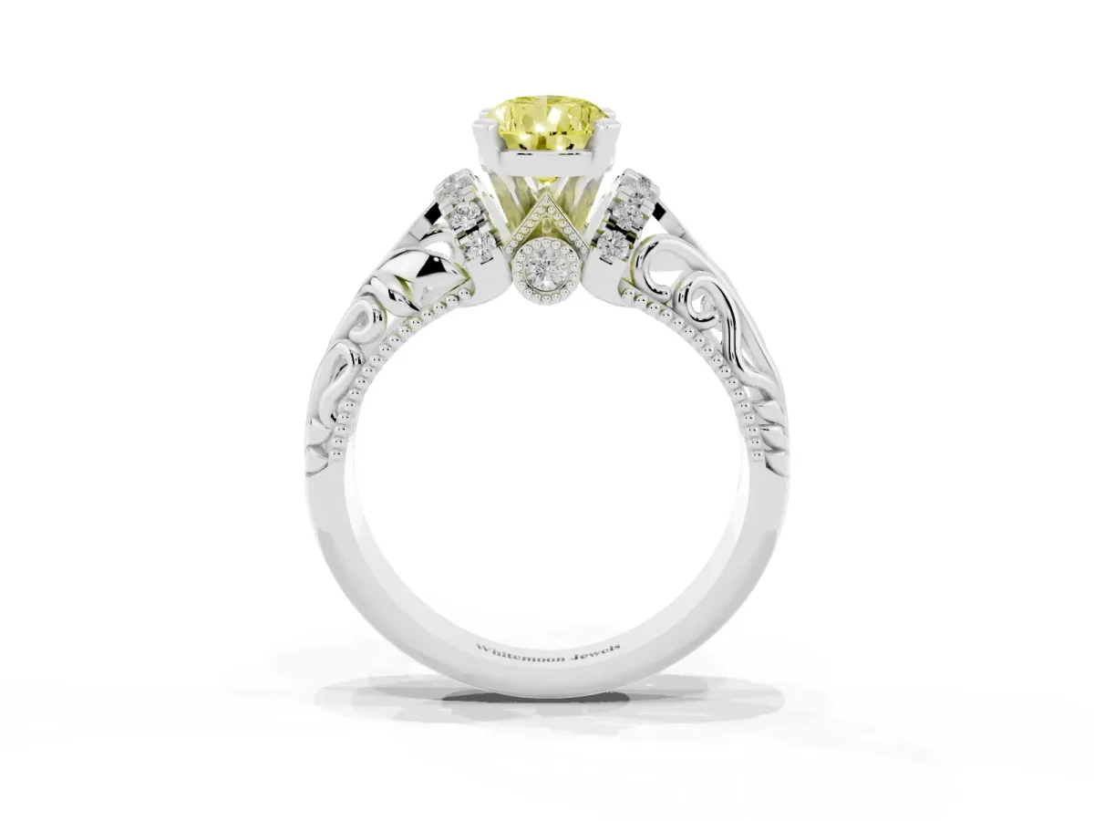 Fancy Yellow Pear Cut Solitaire Filigree Engagement Ring with Halo and Prong Setting Silver