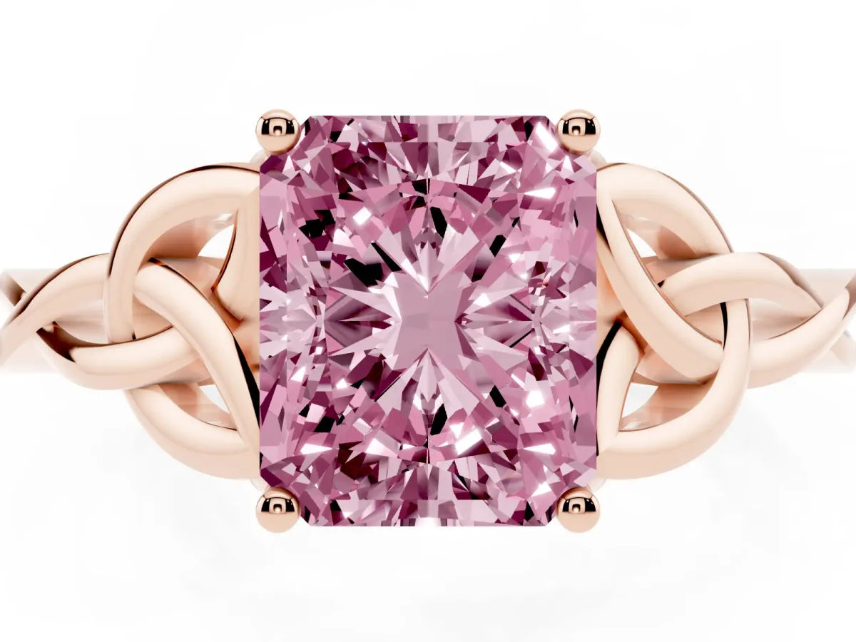 Fancy Pink Radiant Cut Diamond Solitaire Engagement Ring with Celtic Knot Band and Four-Prong Setting Rose gold