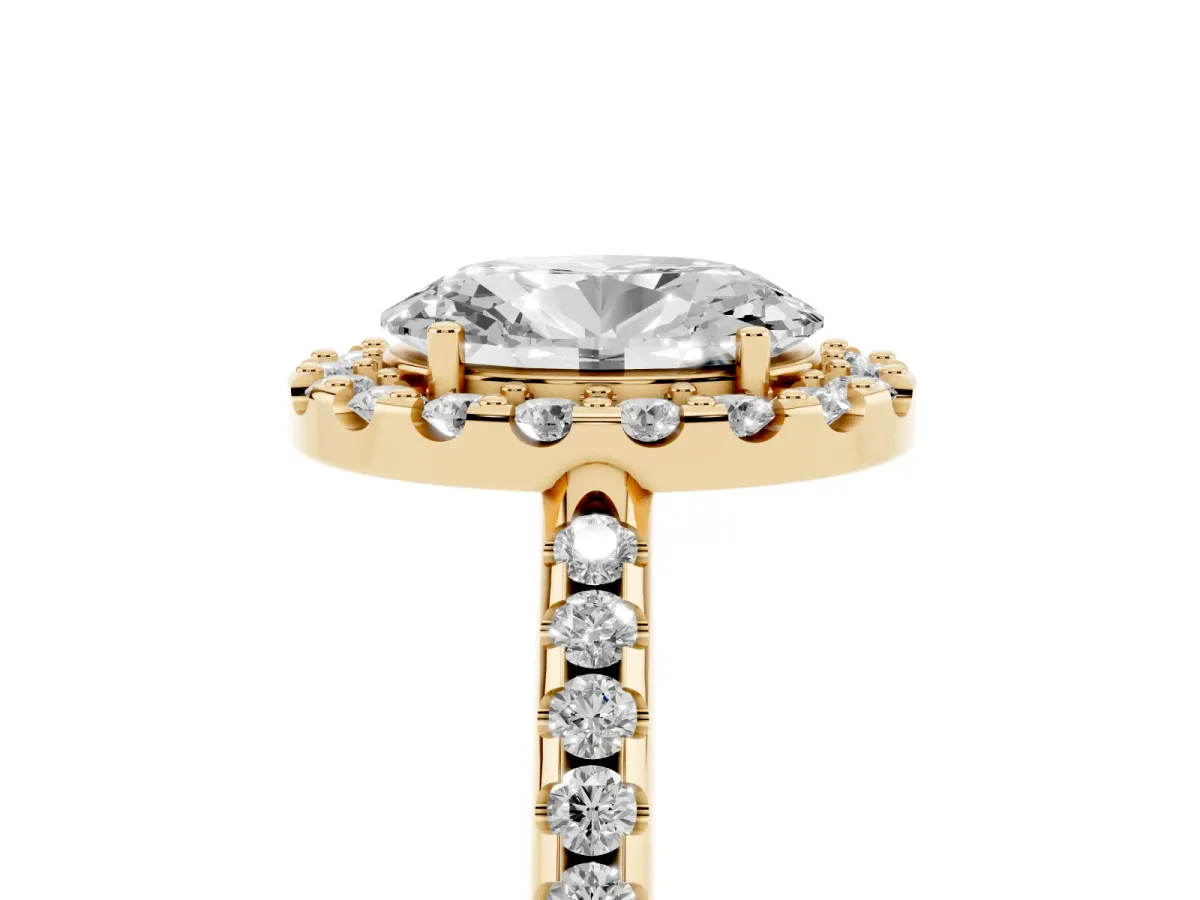 Oval Cut Diamond Pavé Halo Ring with Four-Prong Setting Yellow gold