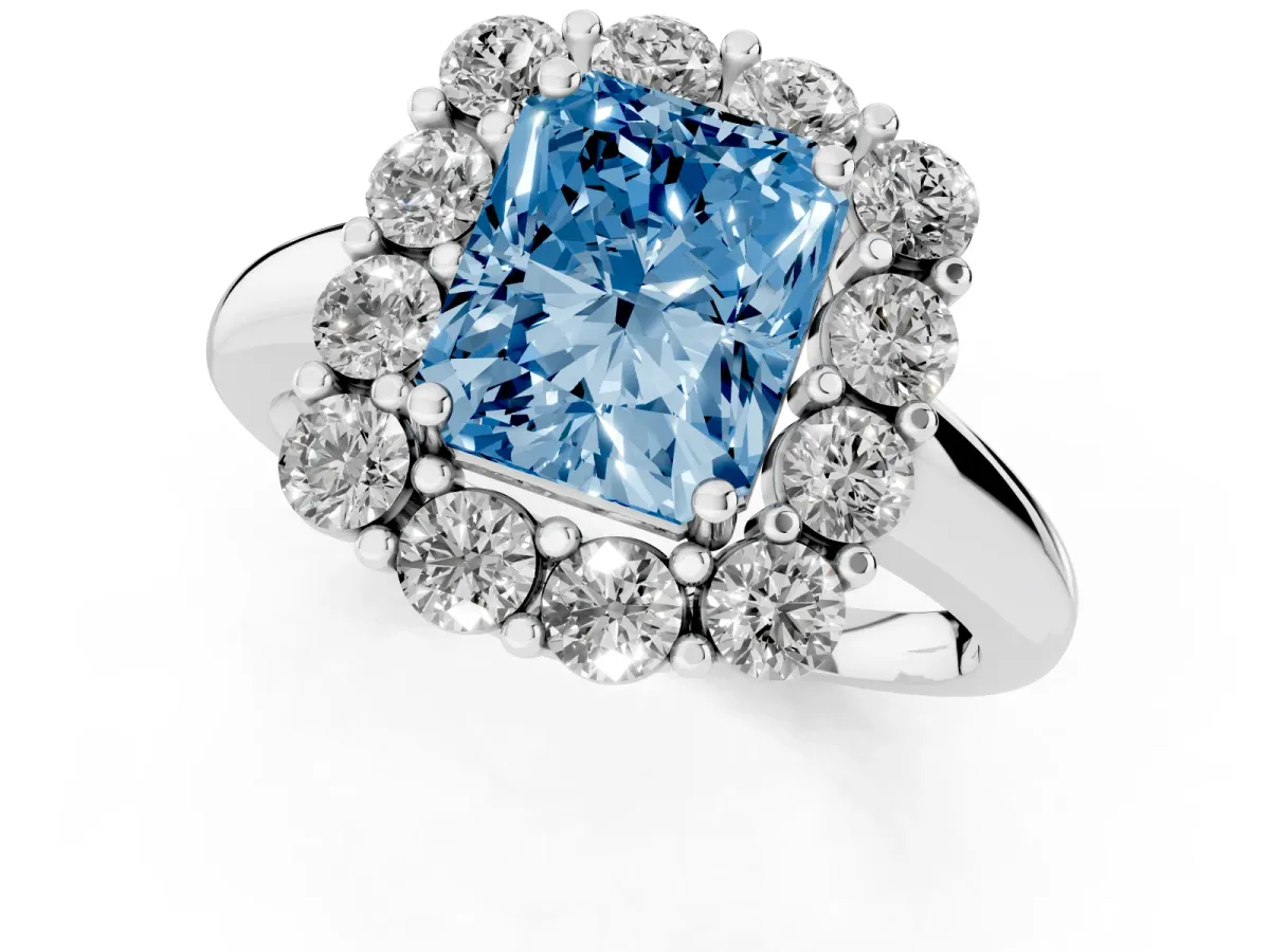 Fancy Blue Radiant Cut Halo Cluster Diamond Engagement Ring with Prong Setting and Polished Band Platinum