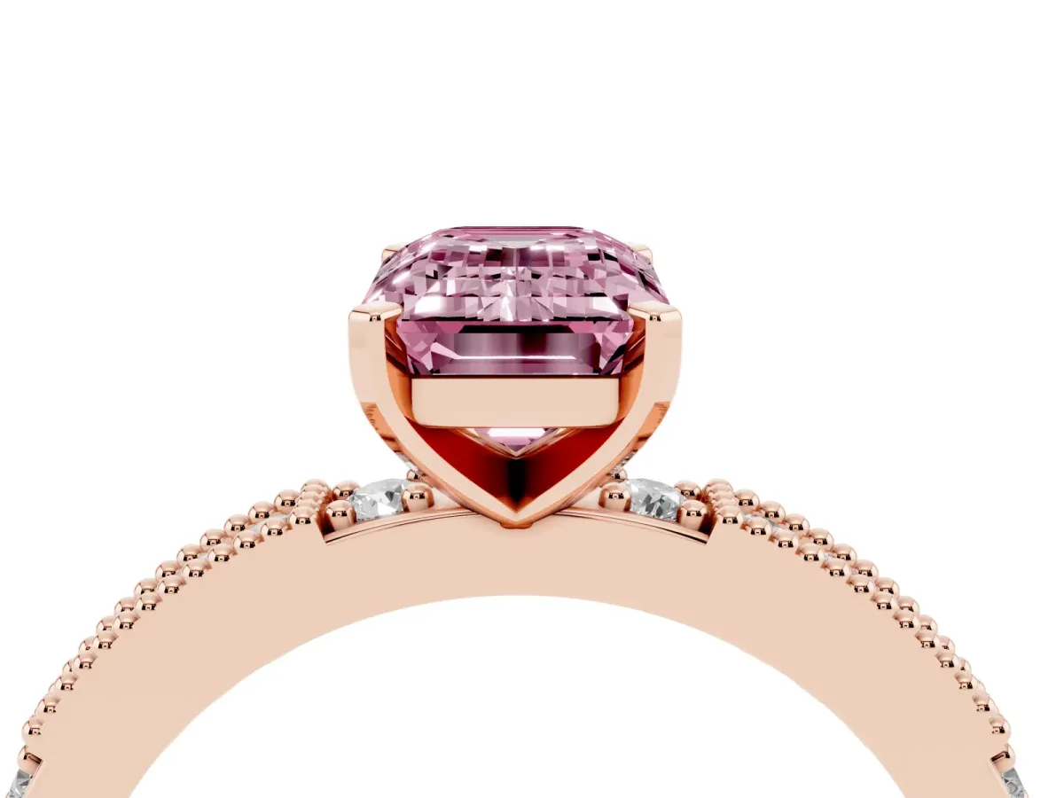 Fancy Pink Emerald Cut Solitaire with Pavé Band and Four-Prong Setting Rose gold