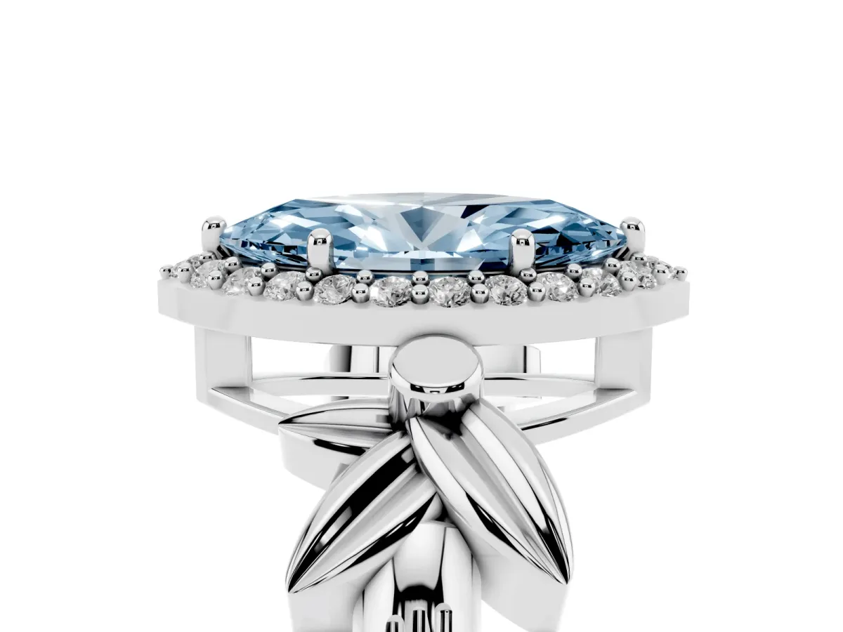 Fancy Blue Marquise Cut Halo Diamond Floral Band with Four-Prong Setting Silver