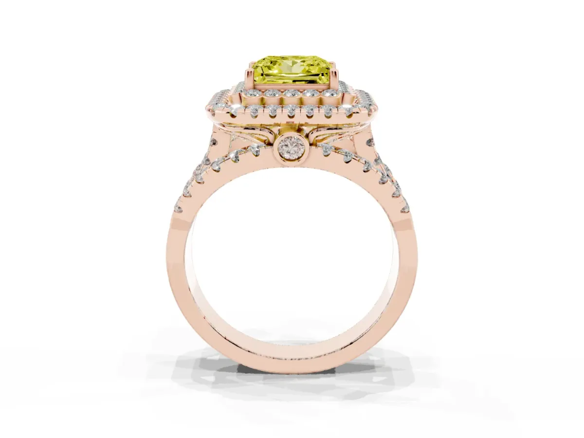 Fancy Yellow Princess Cut Diamond Double Halo Ring with Round Pavé Split Shank and Prong Setting Rose gold