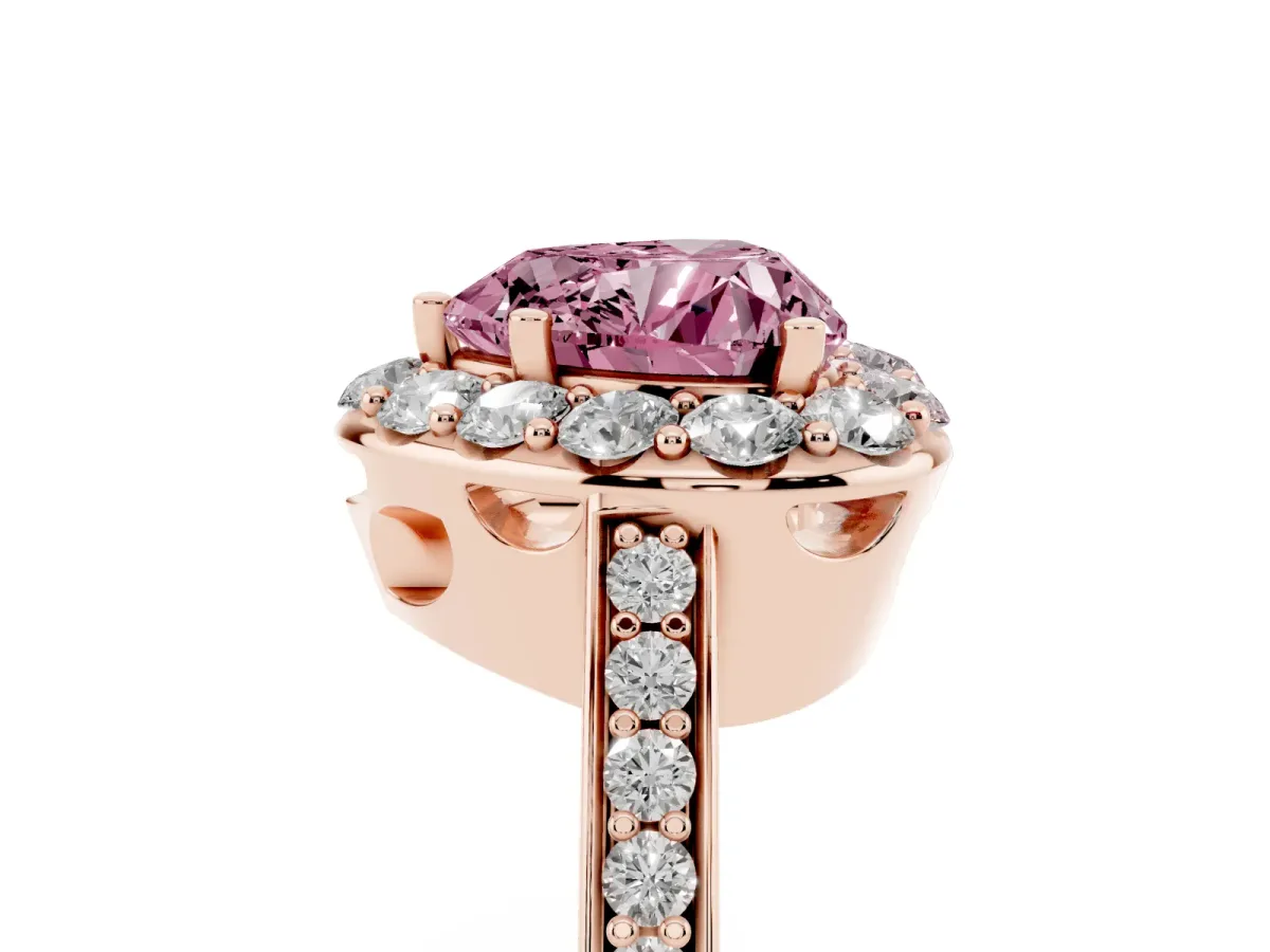 Fancy Pink Heart Cut Diamond Floral Halo Ring with Pavé Band and Prong Setting Rose gold