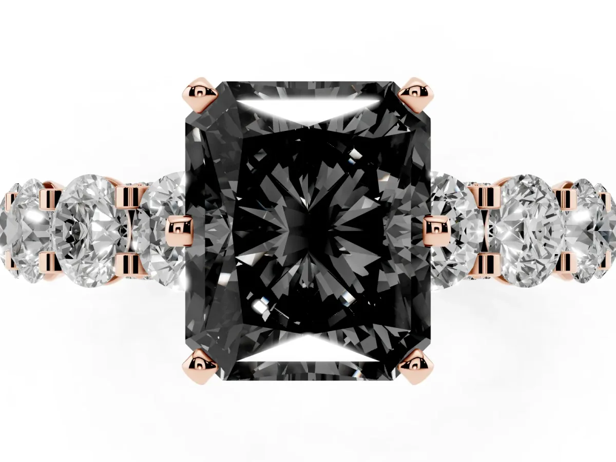 Fancy Black Radiant Cut Diamond Side Stone Engagement Ring with Four-Prong Setting Rose gold