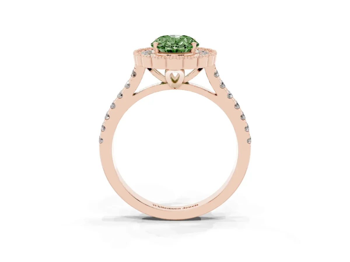 Fancy Green Oval Cut Cut Diamond Milgrain Floral Halo Engagement Ring with Pavé Band Rose gold