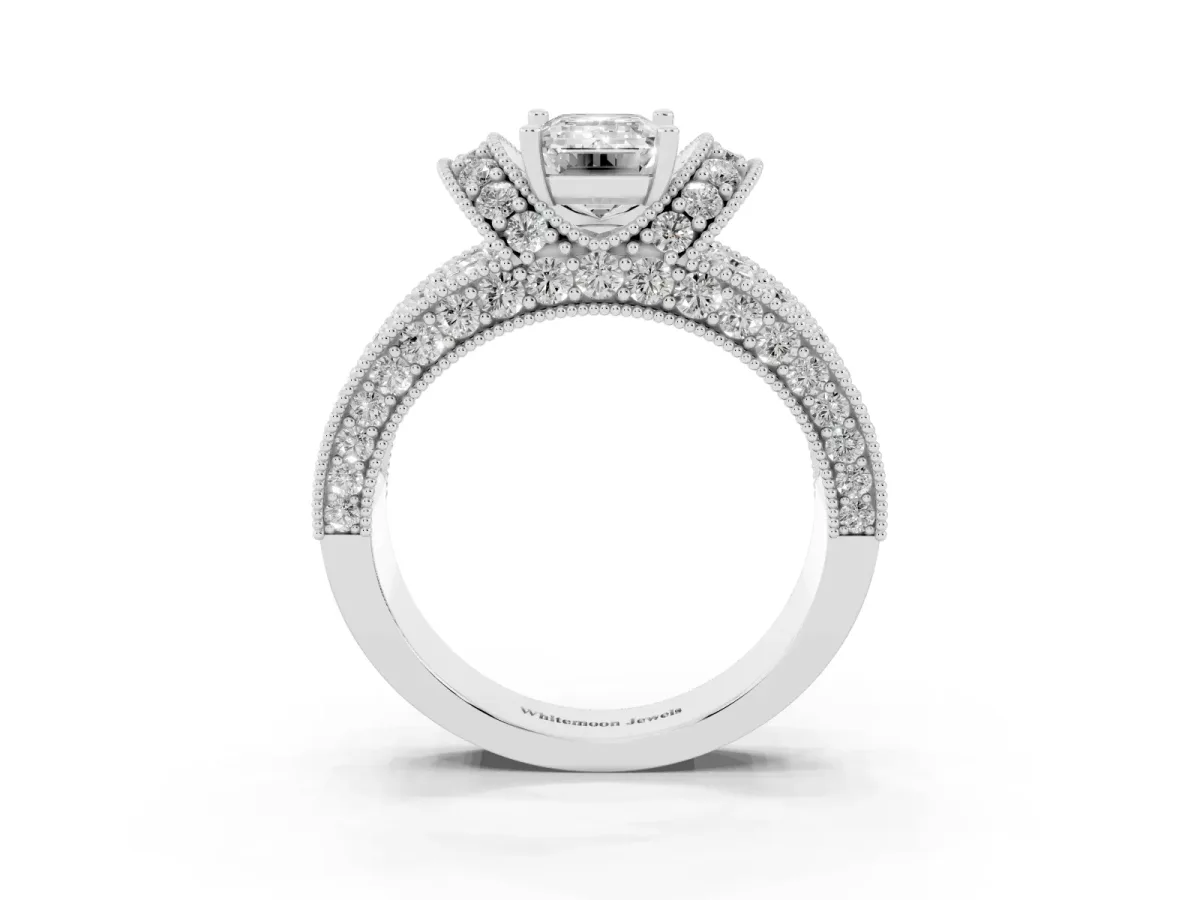 Emerald Cut Halo Pave Diamond Engagement Ring with Milgrain Detailing Platinum