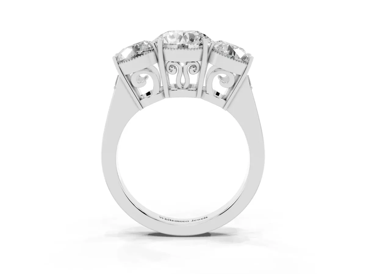 Three-Stone Round Cut Diamond Engagement Ring with Prong Setting on a Classic Band Silver