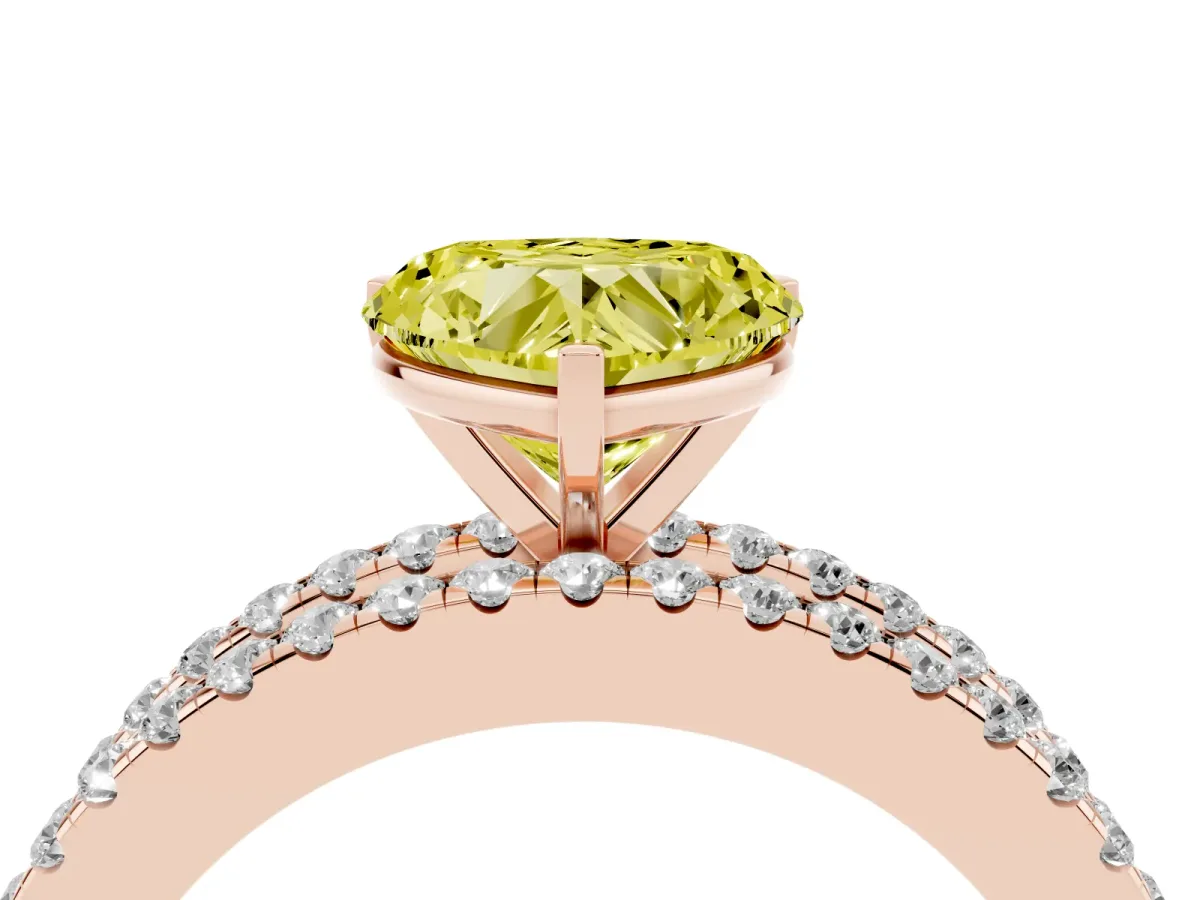 Fancy Yellow Heart Cut Diamond Solitaire Ring with Pavé and Channel Set Band Rose gold