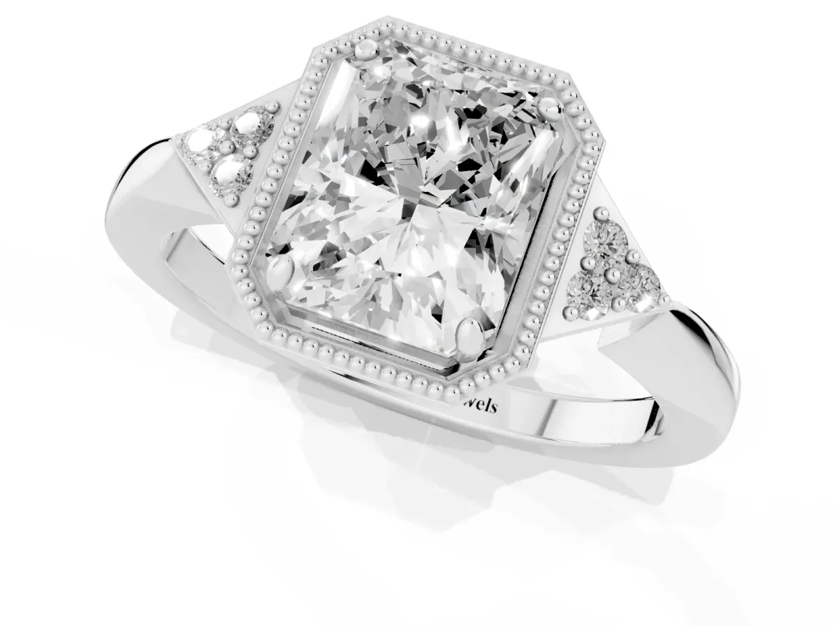 Radiant Cut Diamond Halo Ring with Tapered Band and Four-Prong Setting White gold