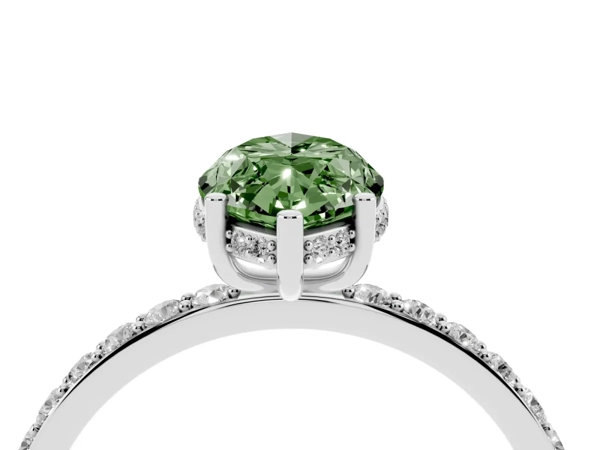 Fancy Green Marquise Cut Diamond Solitaire Ring with Pavé Band and Hidden Halo White gold