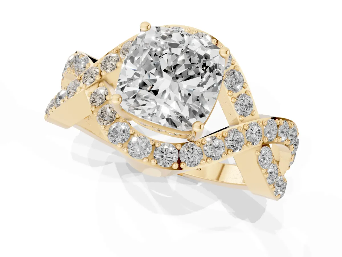 Cushion Cut Solitaire Twist Band Pavé Diamond Engagement Ring Yellow gold
