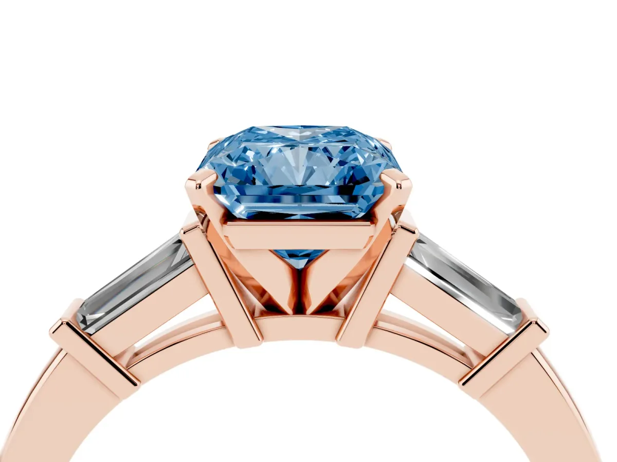 Fancy Blue Radiant Cut Cut Diamond Solitaire Ring with Tapered Baguette Accents and Four-Prong Setting Rose gold
