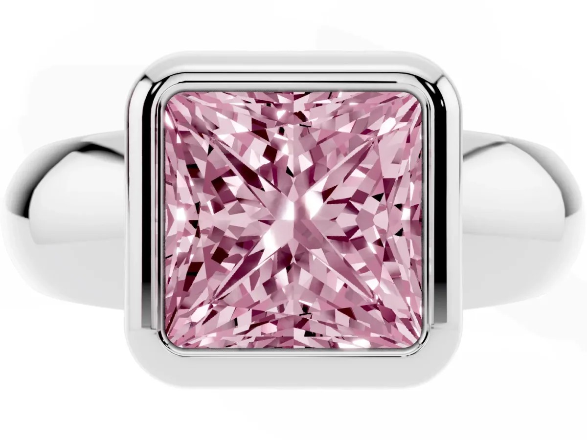 Fancy Pink Bezel Set Princess Cut Solitaire Ring with Wide Band Platinum