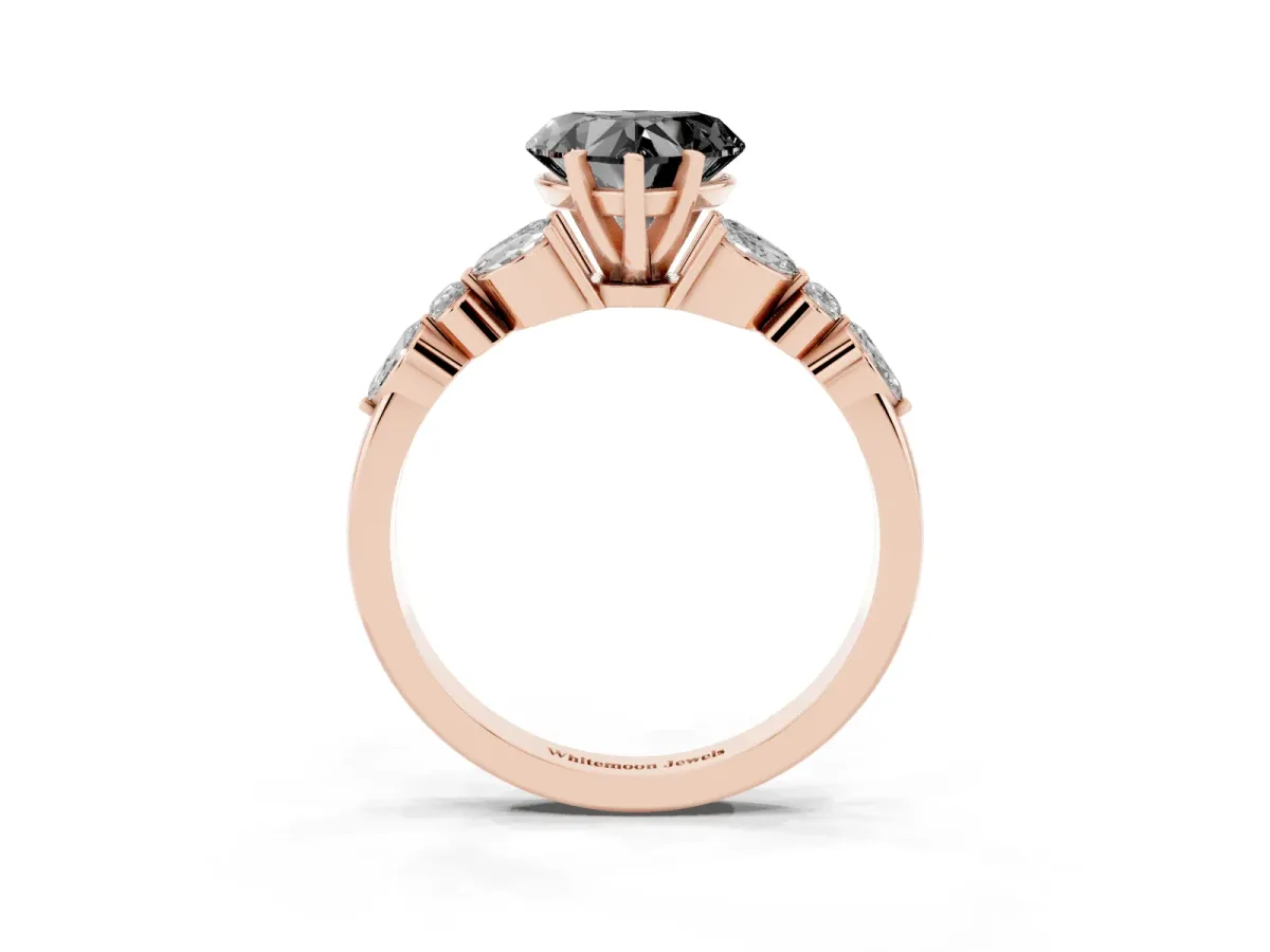 Fancy Black Heart Cut Diamond Solitaire Ring with Side Stones and Four-Prong Setting Rose gold