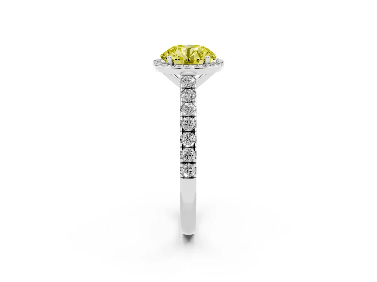 Fancy Yellow Round Cut Cut Halo Diamond Engagement Ring with Pave Band and Four-Prong Setting White gold