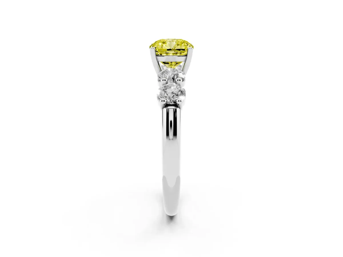 Fancy Yellow Cushion Cut Cut Five-Stone Prong Set Diamond Ring with Classic Band Silver
