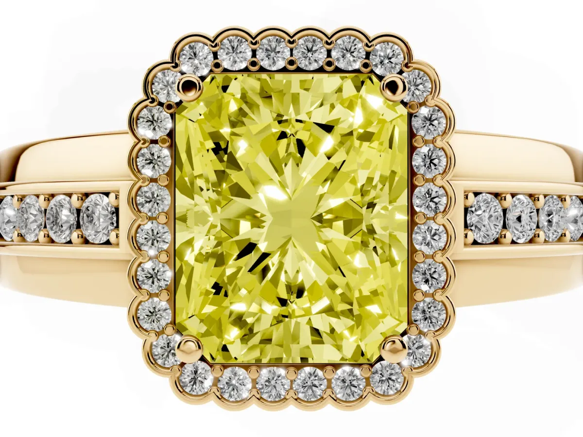Fancy Yellow Radiant Cut Cut Halo Pave Band Four-Prong Ring Yellow gold