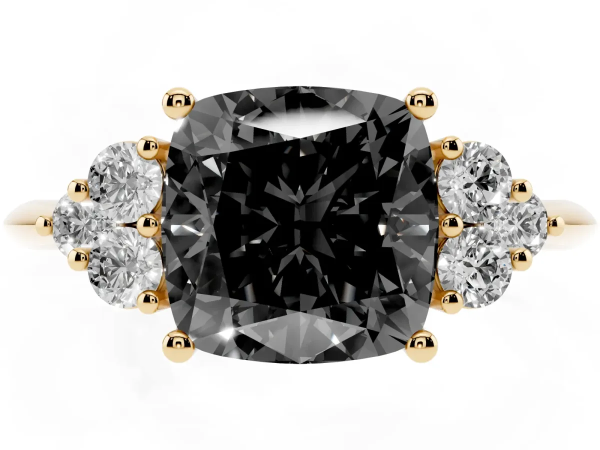 Fancy Black Cushion Cut Cut Diamond Cluster Ring with Solitaire Band and Four-Prong Setting Yellow gold