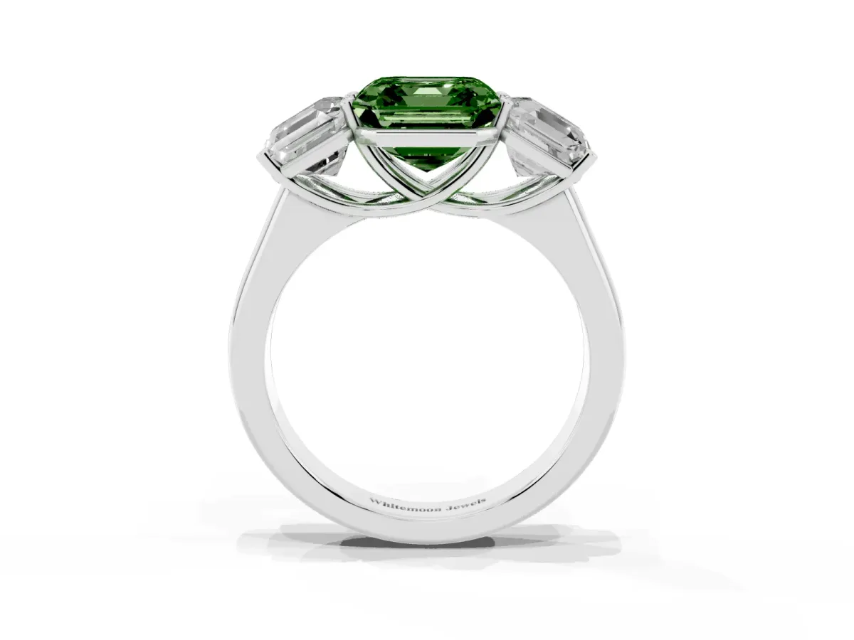 Fancy Green Asscher Cut Three-Stone Diamond Ring with Prong Setting on a Classic Band Platinum