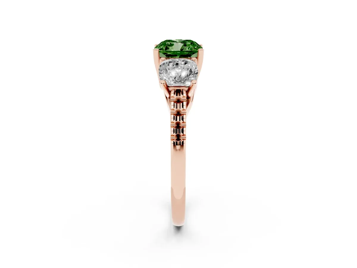 Fancy Green Three-Stone Cushion Cut Diamond Ring with Round Pavé Band and Prong Setting Rose gold