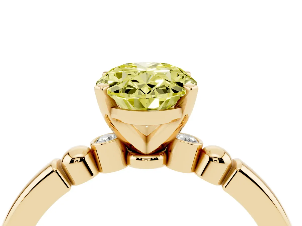 Fancy Yellow Oval Cut Solitaire Beaded Band with Four-Prong Setting Yellow gold