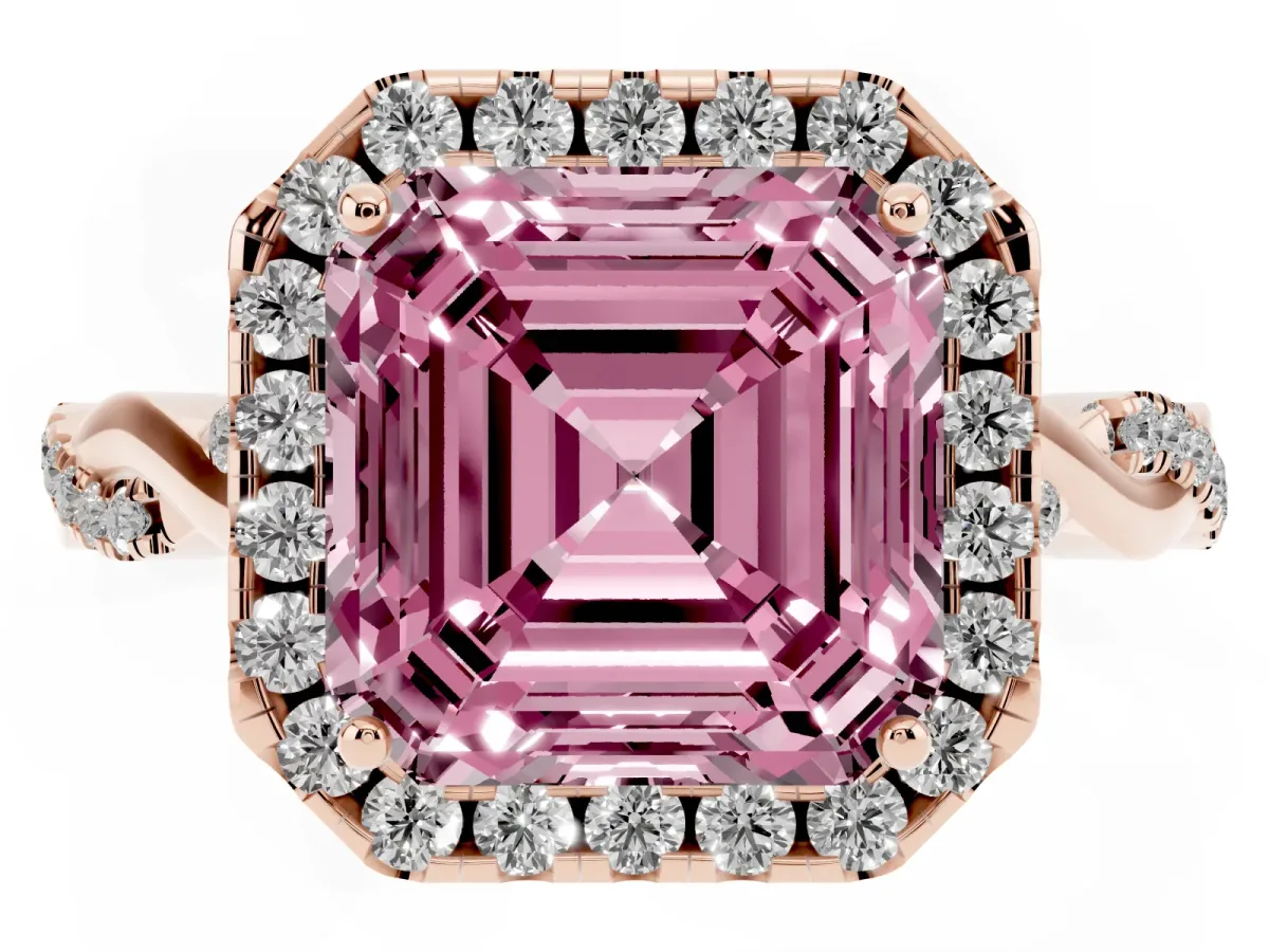 Fancy Pink Asscher Cut Halo Twist Band Solitaire Ring Rose gold