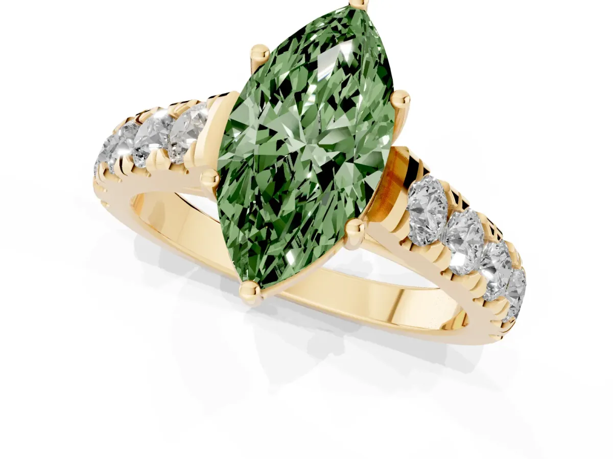 Fancy Green Marquise Cut Cut Diamond Solitaire Ring with Micro Pave Band and Prong Setting Yellow gold